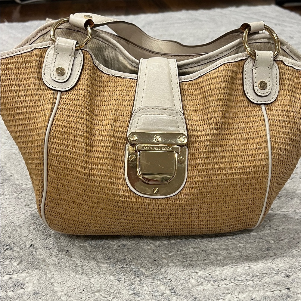 MICHAEL Michael Kors Tan Straw and Cream Top Handle Bag